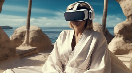 Woman in a robe is reclining with a virtual reality headset on beach.
