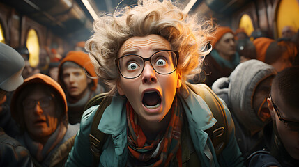Obraz premium Shocked woman commuter on crowded train with expressive face and glasses