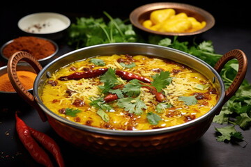 Smokey and restaurant style Dal Tadka tempered with ghee and spices - obrazy, fototapety, plakaty