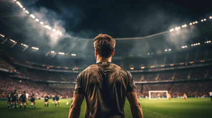 Back view of footballer standing in front of a huge stadium filled full of fans. Generative AI - obrazy, fototapety, plakaty
