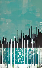 Grungy industrial art style business cover template with abstract distorted line patterns and urban skyline buildings.