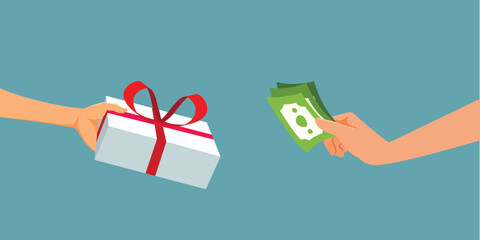 Person Buying a Gift Paying with Cash Vector Cartoon Illustration. Hand giving money to complete a transaction for present purchase
