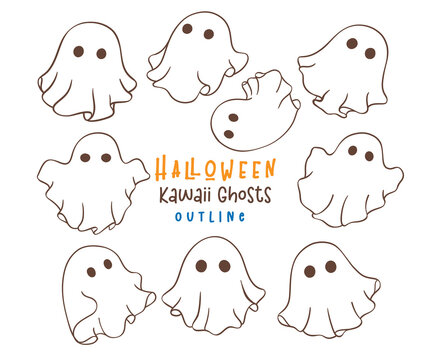 Halloween Cute spooky Ghost Cartoon outline Doodle Drawing Set. Ideal for holiday-themed designs, greeting card, decorations, and more.