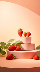 Empty podium on light architectural background surrounded by ripe strawberries. Abstract background with minimalist style for product brand presentation. Advertising cosmetic from strawberries 