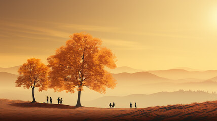 Naklejka na ściany i meble small silhouettes of group people on the background copy space autumn landscape golden fog morning tree in nature yellow warm