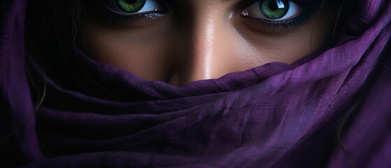 Close up portrait of young Woman muslim in purple burqa with hidden face. female purple eyes and face covered. Oriental girl in burqa. Straight look, expressive eyes, close-up portrait. Generative ai - obrazy, fototapety, plakaty