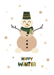 Winter greeting card with snowman in pastel retro style. Happy Holidays vector illustration.