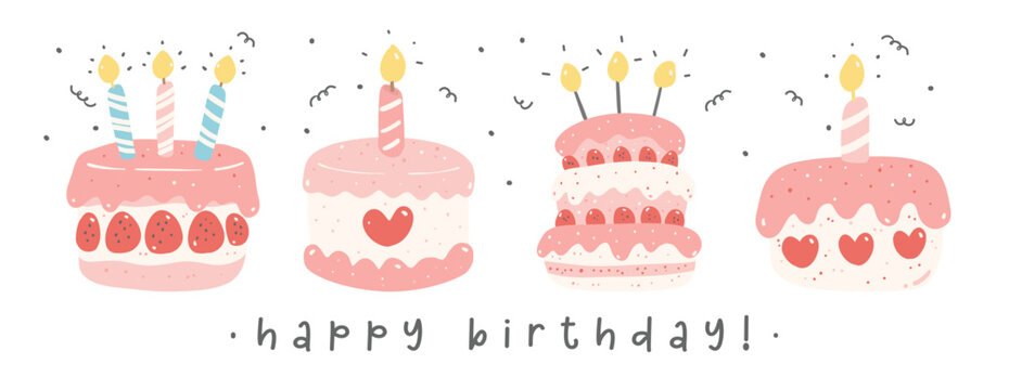 Cute Kawaii Pink Pastel Birthday Cakes cartoon drawling idea for festive Invitation Banner.