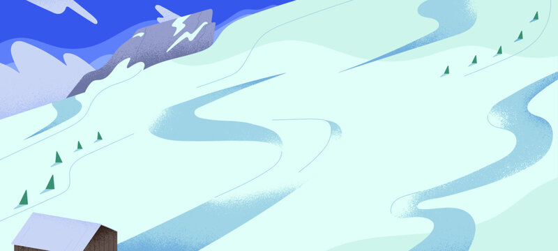 Winter landscape. Mountain with ski run, track, trace, skateboard slope. Snow downhill, ice hillside, snowy hill, alpine rock. North resort for extreme sport. Panoramic view. Flat vector illustration