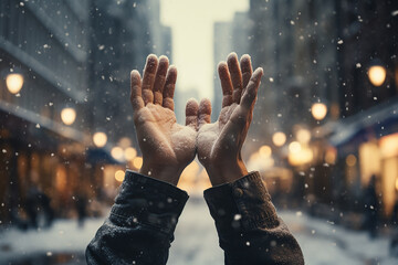 Generative AI Image of Hands Holding Snow Falling from the Sky with City Building Background