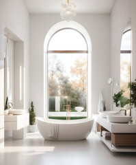 a white luxury bathroom  with an arched window to the winter garden and a green plant in the corner, made by AI