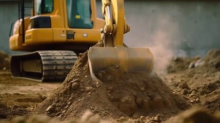 Excavator bucket close up. Excavation work at construction site and road construction. Construction machinery