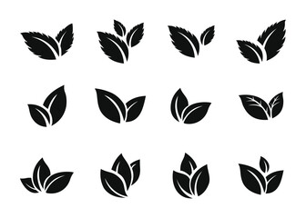 leaf icons set of green leaves black and white