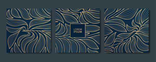 Vector set of leaves luxury golden square cards, post templates for social net, botanical modern, art deco wallpaper background. Pattern, texture for print, fabric, package design