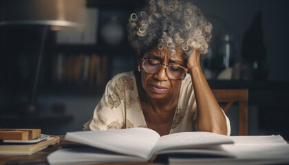 Portrait of a sad older woman studying hard surrounded by books and notebooks or sorting out financial accounts - obrazy, fototapety, plakaty