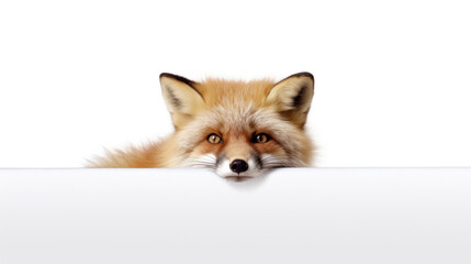 Obraz premium Cute red fox peeking out from behind a white table with copy space, isolated on white background.