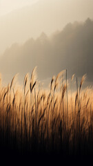Fototapeta premium vertical background autumn dry grass in the morning fog, valley in the sun landscape