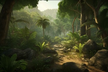 Around 10,000 BC, lush and diverse tropical forests thrived with abundant life, aided by a warm and wet climate. Game background. Generative AI - obrazy, fototapety, plakaty