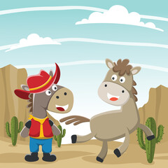 Vector cartoon illustration of happy cowboy and brown horse in the desert, T-Shirt Design for children. Creative vector childish background for wallpaper, poster and other decoration.