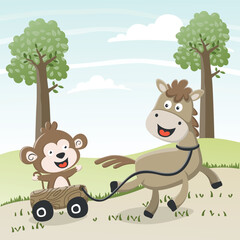 Obraz na płótnie Canvas Happy horse and frend cartoon in the farm. Nature and country concept. Vector childish background for fabric textile, nursery wallpaper, card, poster and other decoration.