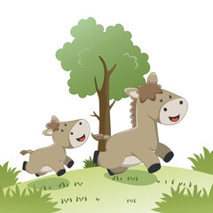 Happy horse and frend cartoon in the farm. Nature and country concept. Vector childish background for fabric textile, nursery wallpaper, card, poster and other decoration.