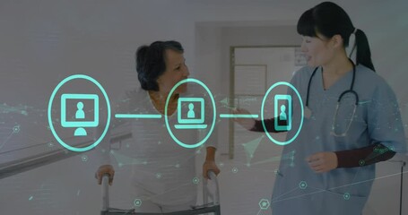 Animation of digital icons over asian female doctor with patient in hospital - Powered by Adobe