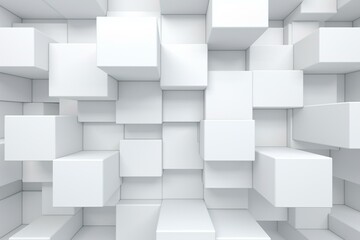 Innovative, geometric, tiled wall in a futuristic style. White, glossy, rectangular blocks stacked to form a 3D mosaic. Rendered design. Generative AI