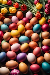Obraz premium Colorful Easter eggs surrounded with tulips