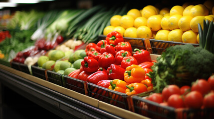 Shelf with fresh fruits and vegetables at a greengrocer's, showcasing a variety of healthy food options.