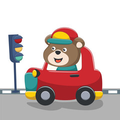 Vector illustration of cute bear driving blue car go to vacation, Vector illustration. T-Shirt Design for children. Design elements for kids.