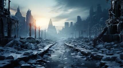 Global climate change, apocalyptic cold snowy winter, created by Generative Ai technology.