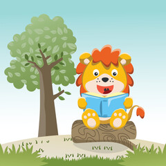 Obraz na płótnie Canvas Illustration of funny lion sit on tree trunk reading a book. Creative vector childish background for fabric, textile, nursery wallpaper, poster, card, brochure. and other decoration.