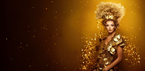 Banner beauty model girl on holiday golden background, woman with beautiful make up and curly hair style wearing gold dress, golden glow, festive celebration, copyspace . - obrazy, fototapety, plakaty