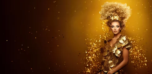 Rolgordijnen Banner beauty model girl on holiday golden background, woman with beautiful make up and curly hair style wearing gold dress, golden glow, festive celebration, copyspace . © Jim1786