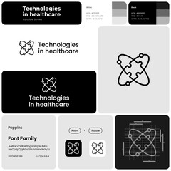 Fototapeta na wymiar Technologies in healthcare monochrome logo with brand name. Atom and puzzle icon. Design element. Visual identity. Template with poppins font. Suitable for healthcare, technology, medical, innovation.