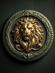 Vintage metal lion head emblem, generative AI.