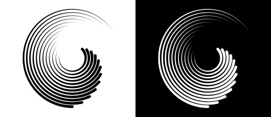 Abstract background with lines in circle. Art design spiral as logo or icon. A black figure on a white background and an equally white figure on the black side. - 656342352