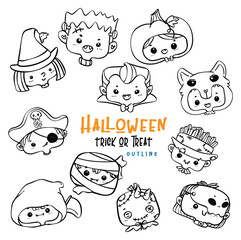 Cute spooky Halloween kid face in Costume Doodle outline collection.