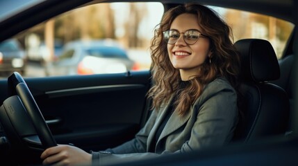 Young beautiful smiling woman in a car.