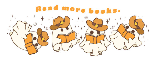 Obraz na płótnie Canvas Halloween Ghosts Read Books in Cute Kawaii Cartoon Doodle Banner