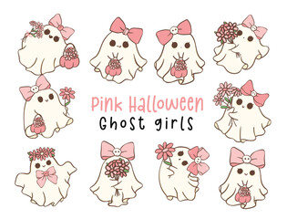 Set of cute pink Halloween ghost girl with flowers cartoon doodle illustration.