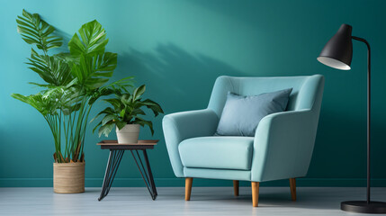 Green armchair against blue wall