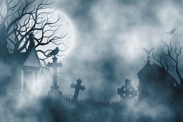An ancient tombs on churchyard at night with mausoluem and giant christ crosses in front of the church.