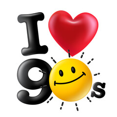 I love the 90s. 3D symbols include smiling sun emoji, heart shape on white background. vector illustration file