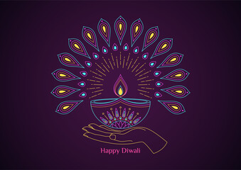 Colorful outline Diya with flame and light rays, human hand, abstract peacock feathers. Deepavali oil candle, color Diya lamp with lotus flower pattern. Happy Diwali, Festival of the Lights in India.