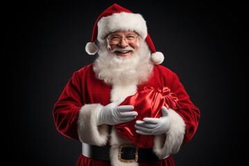 Naklejka premium Close up photo of positive cheerful santa claus looking in camera wearing a red costume hat on background.