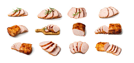 Baked Pork Slices Isolated, Roasted Sliced Loin, Tenderloin Ham Pieces - obrazy, fototapety, plakaty