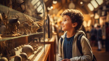 Young boy exploring a historical museum, captivated by artifacts and exhibits that transport him back in time, sparking his interest in history