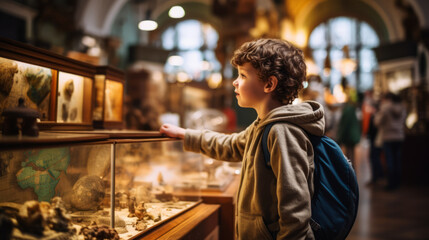Young boy exploring a historical museum, captivated by artifacts and exhibits that transport him back in time, sparking his interest in history