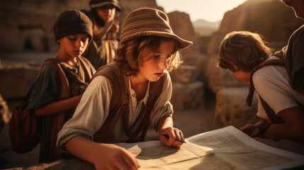 Young boy exploring an ancient archaeological site with a team of archaeologists. He discovers artifacts, assists in excavations, and delves into the mysteries of the past